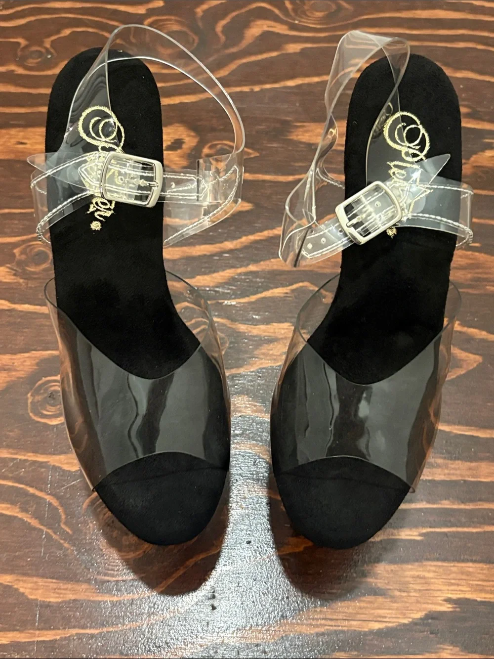 Pleasers 6.5” Clear Strap Black Glitter Platform Heels - Women